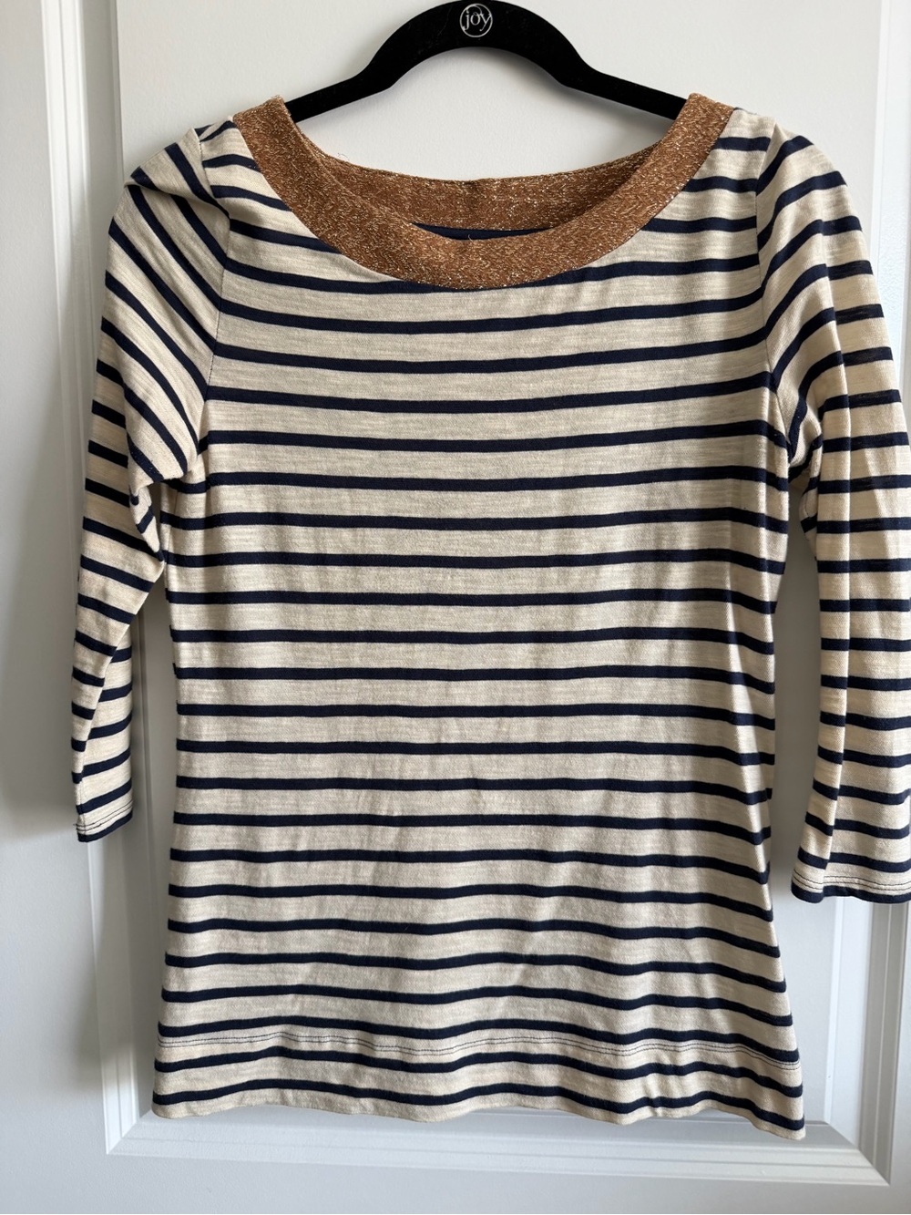 Banana Republic Cream and Navy Striped 3/4 Length Sleeve Top with Gold Trim